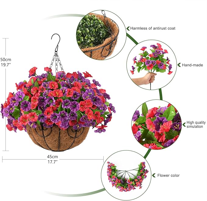 Homsunny Artificial Fake Hanging Flowers with Basket for Outdoors, Faux Silk Petunias Flower Spring Summer Decor UV Resistant Look Real for Home Outside Patio Front Porch Decorations