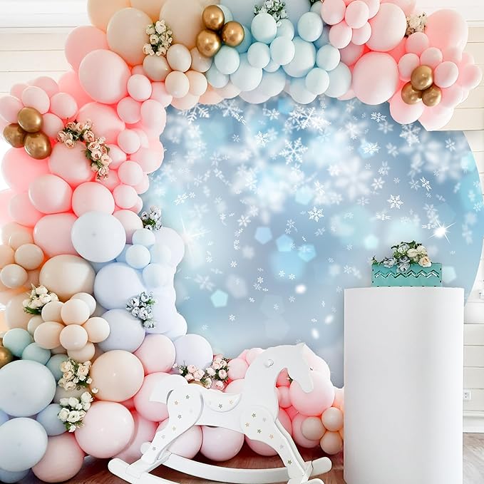 Bokeh Snowflake Round Backdrop Cover 7.2ft Dreamy Blue Snowflakes Round Background for Photography Christmas Ice Snow Winter Theme Birthday Party Backdrop for Girls Elsa Princess Portraits