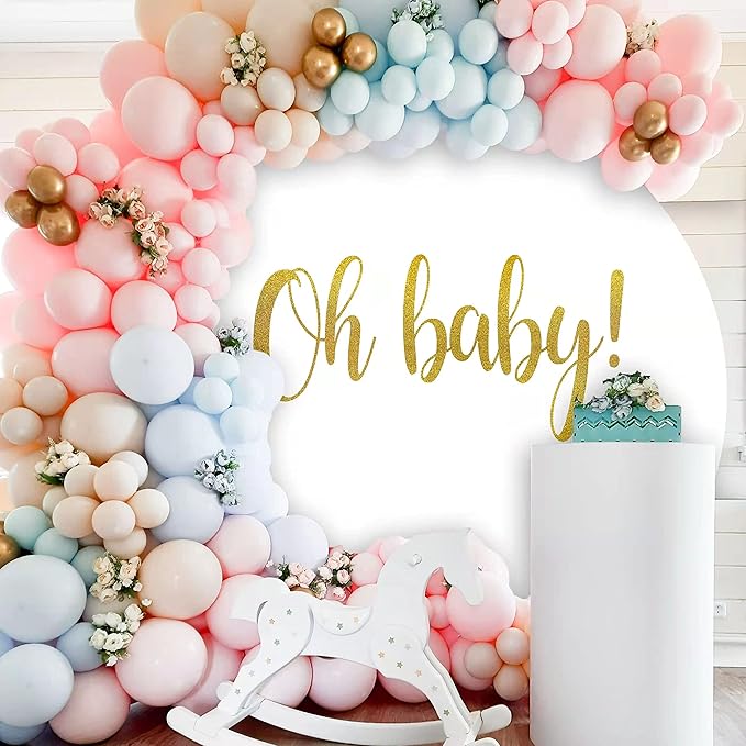 Oh Baby Round Backdrop Cover 7.5ft,7.5 Round Backdrop Cover,Gold Oh Baby Sign for Photography Baby Shower,Birthday Party Banner Gender Reveal Pregnancy Photo Studio Props