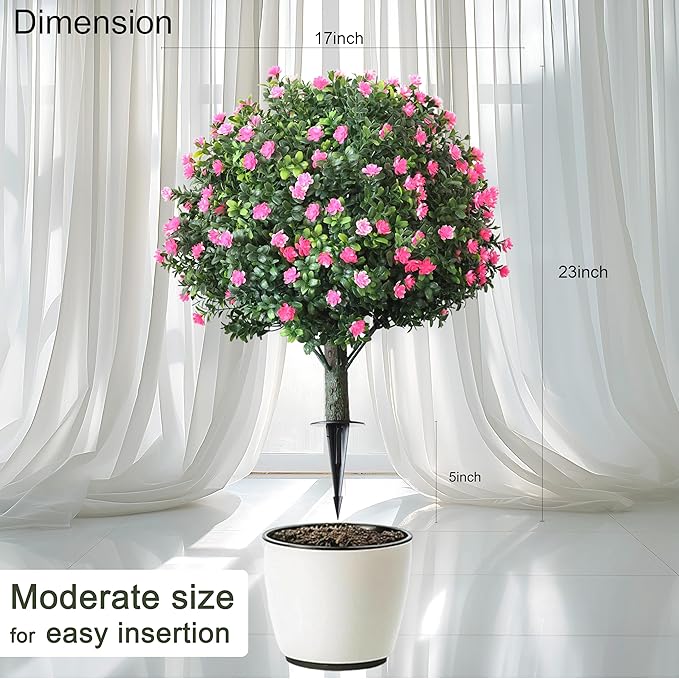 4-Pack Artificial Boxwood Topiary Ball Plant with Pink Flowers, Ground Stake, UV-Resistant Outdoor & Indoor Decorative Flowers (4)
