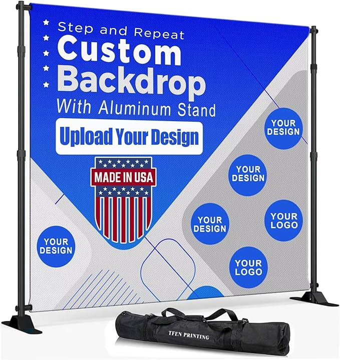 Custom Backdrop with Stand | Custom Step and Repeat -Made in USA- 8ft x 8ft Wrinkle-Free Non-Glare Fabric,with Thick Heavy Duty Aluminum Stand (Included) Personalized backdrops for Events