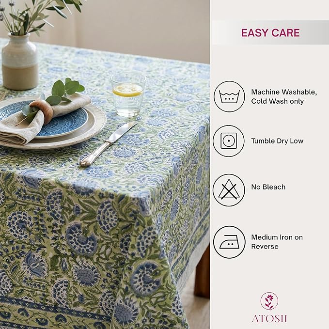 ATOSII Amara 100% Cotton Fall Tablecloth, Handblock Floral Print Rectangle Linen for Kitchen Dining I Parties Wedding Outdoors Picnics Easter I Spring Summer 72 X 108 Inches I 8 Seater Table