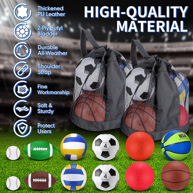 Deekin 12 Pcs Assorted Sport Ball Set for Kids Official Size Basketball Football Volleyball Soccer Baseball Playground Ball with Bag and Pump for Valentine's Kid Youth Gift