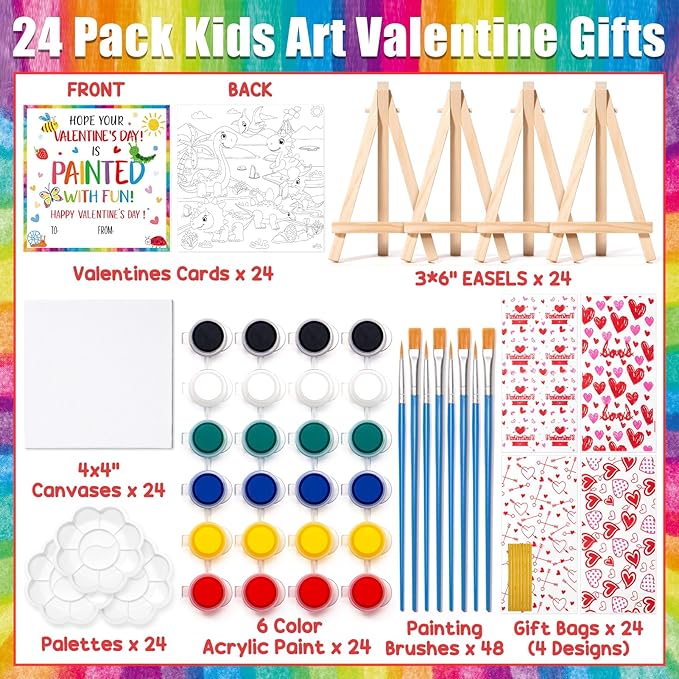Valentines Day Gifts for Kids, 24 Set Mini Acrylic Paint Kit with Valentines Day Cards, Wood Easel, Canvases, Painting Kits for Kids Girls Boys, Party Favor Valentine Exchange Gift Class Prize