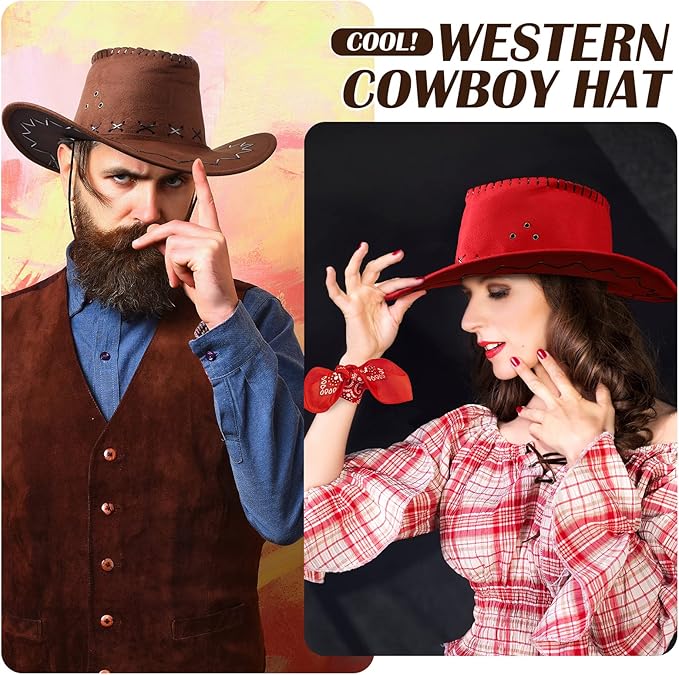 Coume 10 Set Cowboy Hat and Bandana for Women Men 10 Felt Cowgirl Cowboy Hat Bulk 10 Western Bandanas for Adult Costume Party