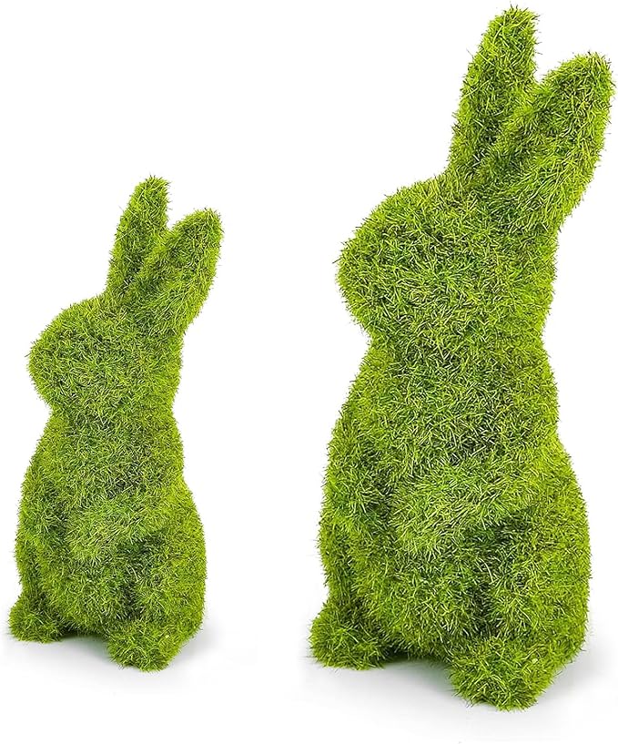 Easter Bunny Decorations,Resin Moss Bunny Figurine,Garden Artificial Moss Rabbit Easter Décor Easter Party Favors Gifts(Medium-2pcs)