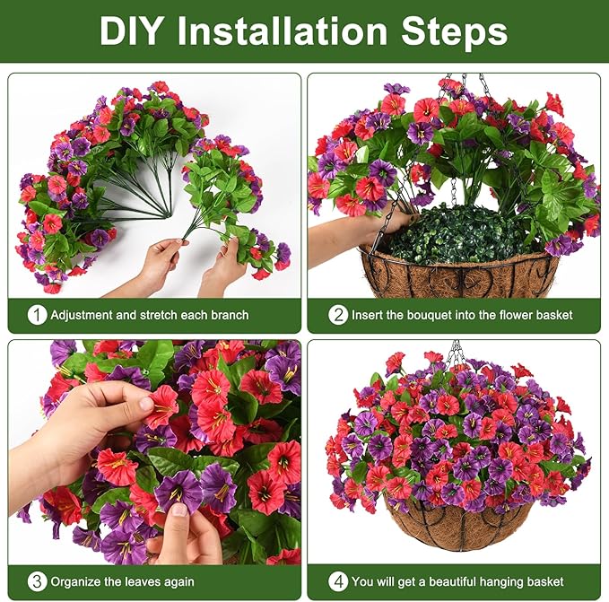 Homsunny Artificial Fake Hanging Flowers with Basket for Outdoors, Faux Silk Petunias Flower Spring Summer Decor UV Resistant Look Real for Home Outside Patio Front Porch Decorations