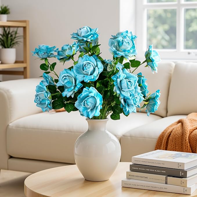 Artificial Flowers 23.2In Artificial Roses 20PCS Fake Roses Long Stem Artificial Flowers for Tall Vase Silk Rose Spring Suitable for Indoor Wedding Party Decor Valentine's Day DIY Bouquet,Blue