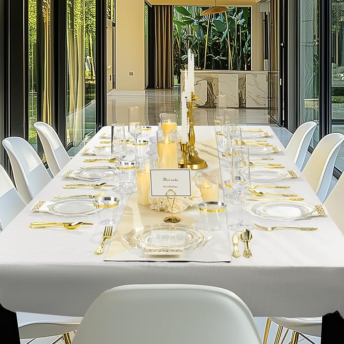 350 PCS Clear and Gold Plastic Plates, Gold Disposable Plates for 50 Guests, Includes 100 Disposable Plates, 50 Cups, 150 Silverwares, and 50 Napkins for Party, Graduation and Wedding