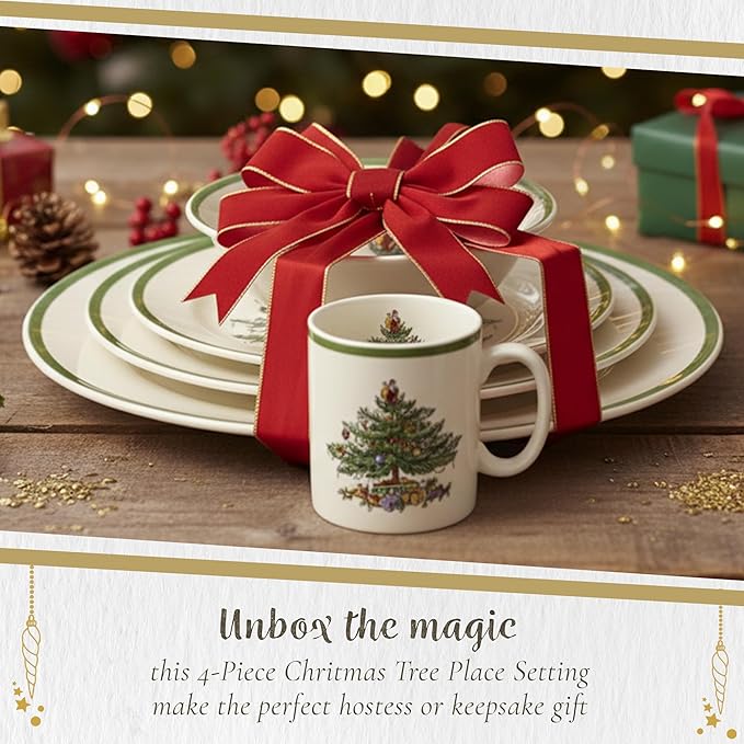 Spode Christmas Tree 4-Piece Dinnerware Setting - Fine Earthenware Holiday Tableware - Dishwasher & Microwave Safe, Festive Christmas Plates, Bowls, Mug - Holiday Dining Essentials