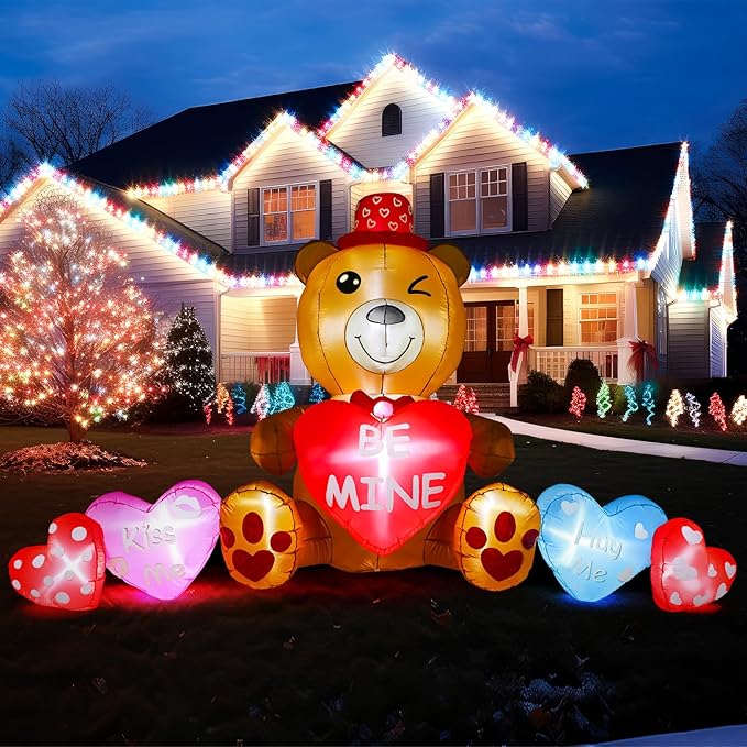 VIHOSE 10 ft Valentines Inflatables Outdoor Decorations Blow Up Bear Heart with LED Lights Valentine Decor for Romantic Wedding Patio Lawn Valentine's Day Inflatables Outside Party Supplies