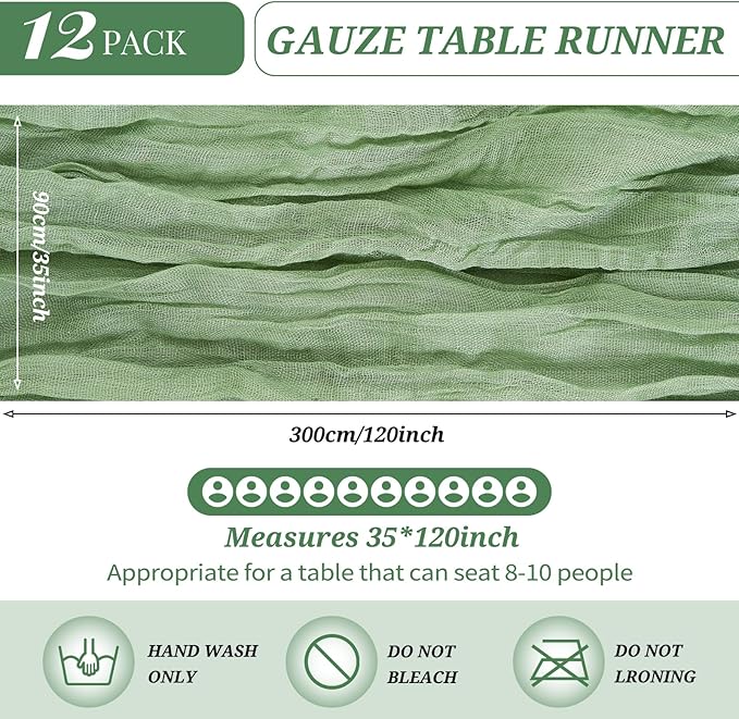 12 Pack Cheesecloth Table Runner 35 x 120 inch Long Boho Cheese Cloth Gauze Table Runners Semi Sheer Table Runner for Wedding Decor, Bridal Shower, Birthday Party (Sage Green)