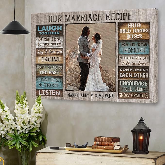 Dem Canvas Personalized Couple Canvas Prints, Custom Couple Photo And Name, Our Marriage Recipe, Personalized Anniversary Wedding Gift for Husband Wife
