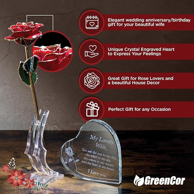 Anniversary for Wife Engraved Wooden Gift Set 'To My Beautiful Wife' Includes Crystal Engraved Heart 24K Gold Dipped Rose for Birthday Gifts
