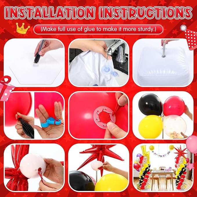 Kasyat 2 Set Cartoon Theme Balloon Column Stand Kit with Lightning Explosion Star Foil Balloons Black Red Yellow Arch Garland Kit for Cartoon Baby Shower Birthday Party Supplies
