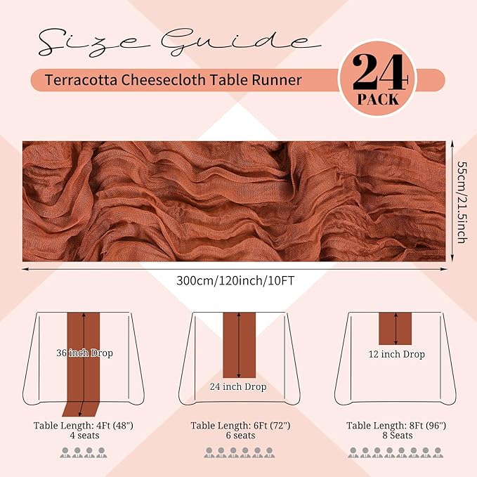 24 Pack Terracotta Cheesecloth Table Runner 120 inch Fall Thanksgiving Boho Rustic Gauze Farmhouse 10FT Cheese Cloth Runner for Baby Shower Wedding Party Holiday Home Decor