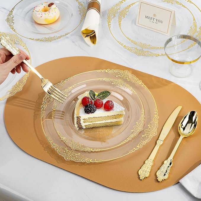 350PCS Clear Plastic Plates for 50 Guests, Disposable Dinnerware Sets Include 50 Gold Rim Plastic Plates, 25 Silverwares, 25 Cups, and 25 Pre Rolled Napkins for Party, Wedding and Graduation