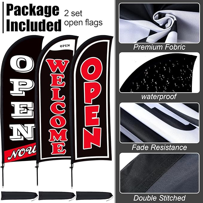 Buryeah 3 Sets Now Open Feather Flag Banner for Business Advertising 7 Feet Tall Grand Opening Feather Flag Sign with Fiberglass Pole Kit Rotating Ground Spike and Portable Bag (Black)