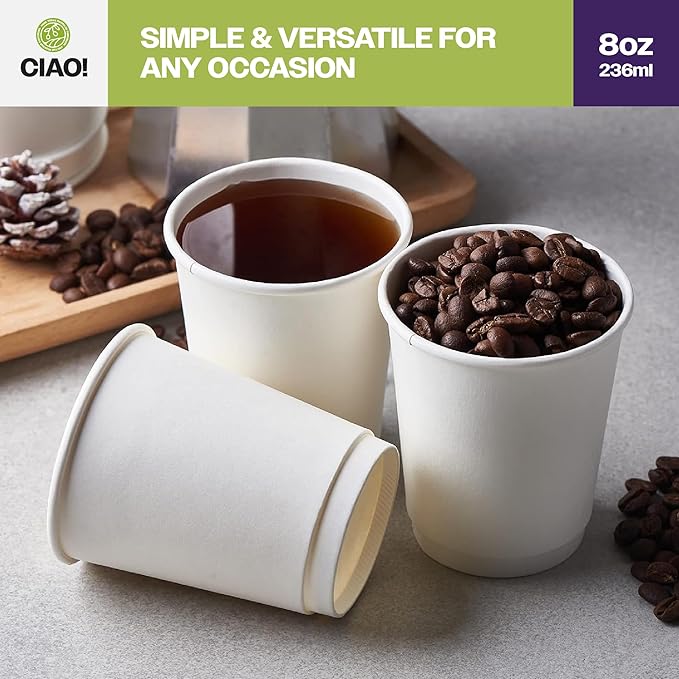 CIAO! 8 oz Insulated Double Wall White Paper Hot Cup, 80mm Diameter, 500 Count