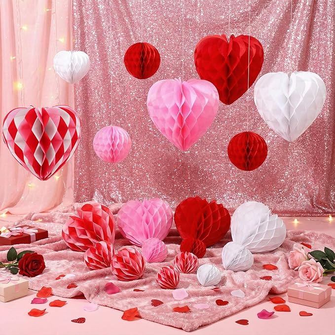 48 Pcs Valentine's Day Paper Heart Shaped Honeycomb Party Decorations Red Pink White Color Blocking Round Heart Tissue Paper Pom Poms for Birthday Wedding Decorations, 5 Size