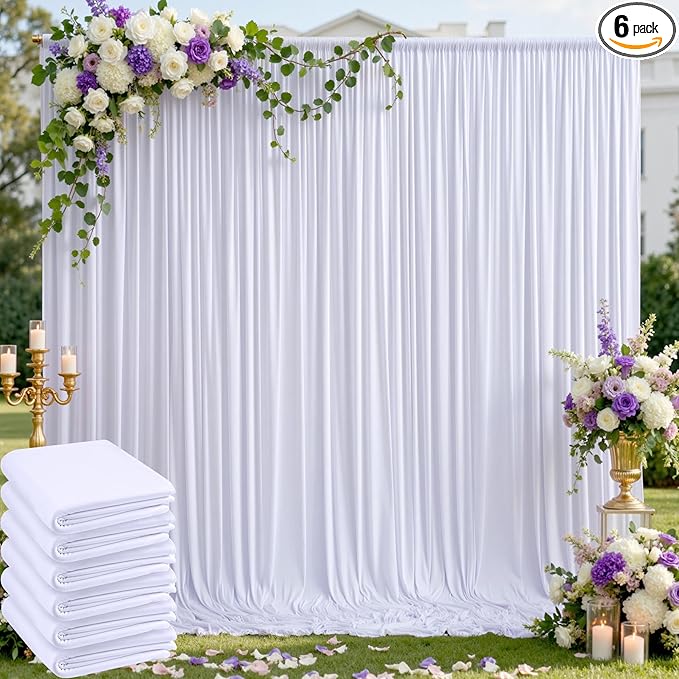 30ft x 10ft Wrinkle Free White Backdrop Curtains for Parties Wedding, 6 Panels 5x10ft Silky Soft Polyester Photo Backdrop Drapes for Party Birthday Baby Shower Photography Cloth Background