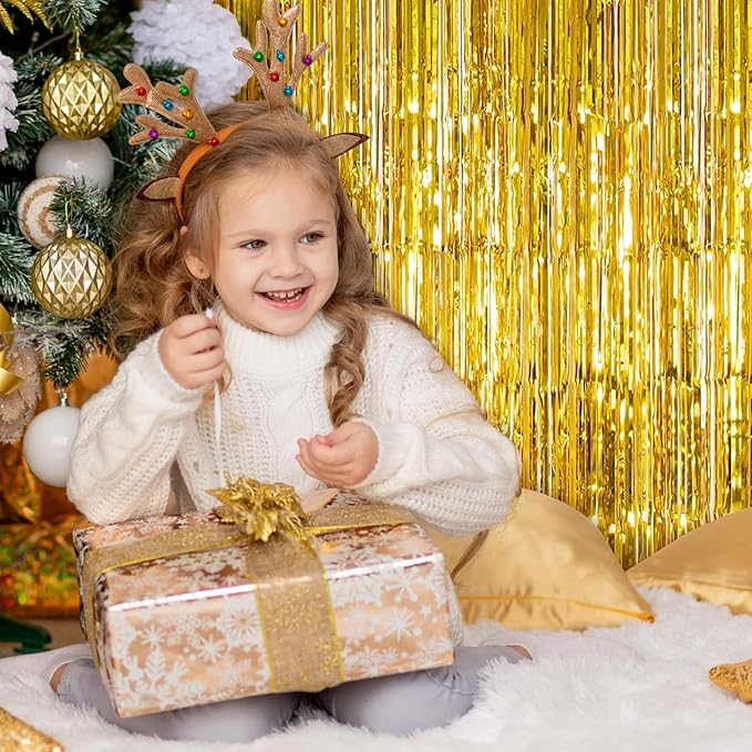 20 Pack Gold Foil Fringe Curtains 3.2ft x 9.8ft Gold Foil Curtain Backdrop Metallic Tinsel Curtains Streamer Photo Booth Backdrop for Birthday Party Engagement Bachelorette Party Decorations