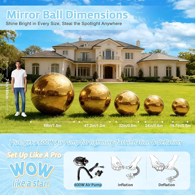 Inflatable Mirror Ball Large Shiny Balls Big Hanging & Standing PVC Disco Bubble Balloon For Christmas, Birthday, Party, Wedding, Decoration, Other Events (Gold, 1 Pcs 19.7in+Pump)