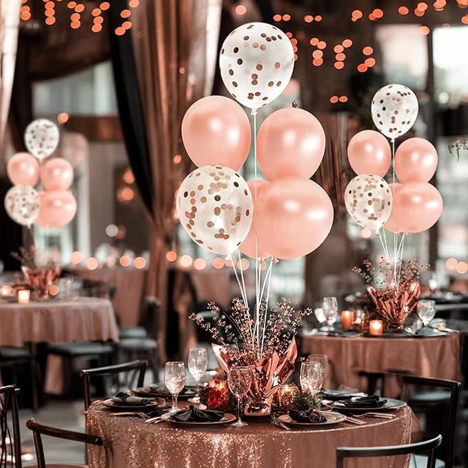 4 Set Rose Gold Table Balloons Foil Spray Centerpiece with Rose Gold and Confetti Balloons Stand Kit for Birthday Party, Baby Shower, Wedding, Bridal Shower, Prom, Cake Table Decorations