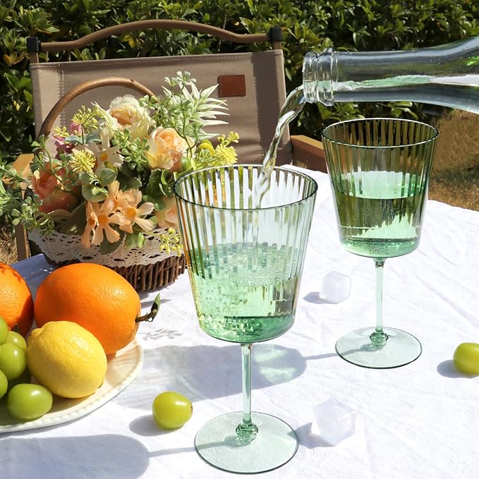 48 PCS Green Plastic Wine Glasses with Removable Stems 13.5 Oz Ribbed Wine Glasses Square White Wine Glass Muted Pastel Colors Goblets Elegant Fluted Glassware for Wedding Anniversary Birthday