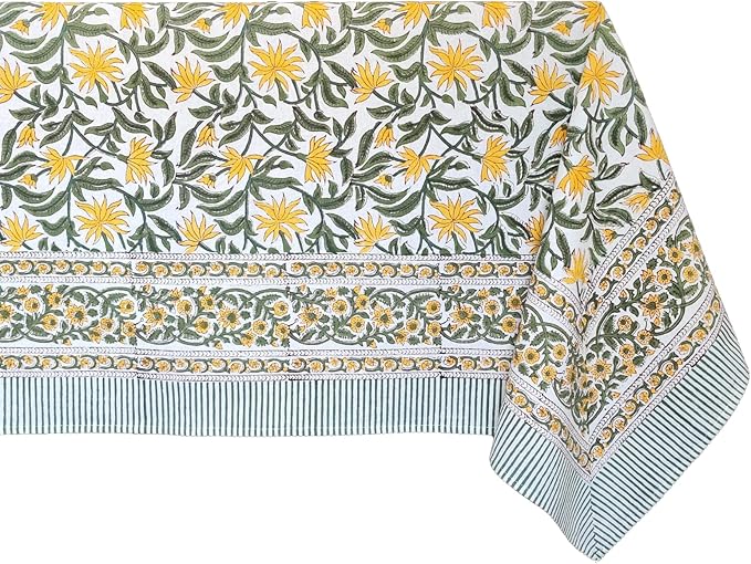 ATOSII 'Noor' 100% Cotton Boho Rectangle Tablecloth, Handblock Floral Print Linen Table Cloth for Dining Table I Tabletop I Parties/Outdoor I Wedding I Spring/Summer (60" X 108")