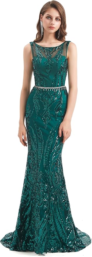 Women's Double V-Neck Sequins Lace-up Mermaid Evening Dress