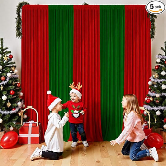 Christmas Backdrop Curtain - 10×10ft Red & Green Holiday Party Background Decor for Xmas Tree Photos, Home Festive Wall, Mall Santa Booth, Reusable Winter Celebration Decoration for Family