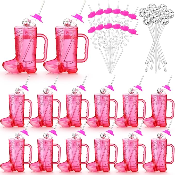 36 Pcs Cowboy Boot Glasses Bulk, 12 Cowboy Drink Mugs 12 Cowgirl Hat Straws 12 Mirror Disco Ball Stirrers for Western Theme Party Bachelorette Birthday Decorations(Rose Red)