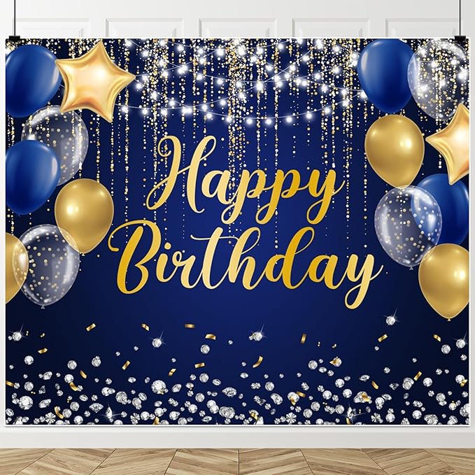 Navy Blue and Gold Happy Birthday Backdrop 10x8ft Royal Blue Birthday Banner Large Happy Background Decorations Supplies for Men Women Boys Girls