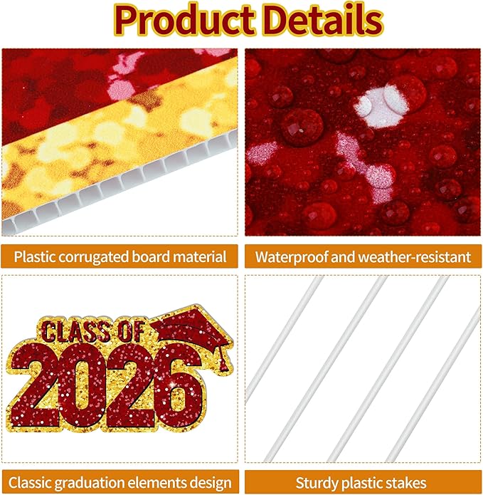 ANVAVO 2026 Congrats Grad Yard Signs Graduation Waterproof Decorations Graduation Yard Sign Decorations Grad Party Outdoor Lawn Decor with Stakes, Red and Gold