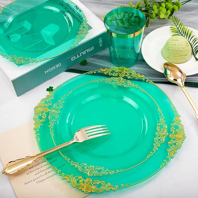 Hioasis 350pcs Green and Gold Plastic Plates - Green Party Plates for 50 Guest, Include 100 Heavy-duty Plates(20% Thicker Than Standard), 150 Cutlery Set, 50 Napkin, 50 Cups