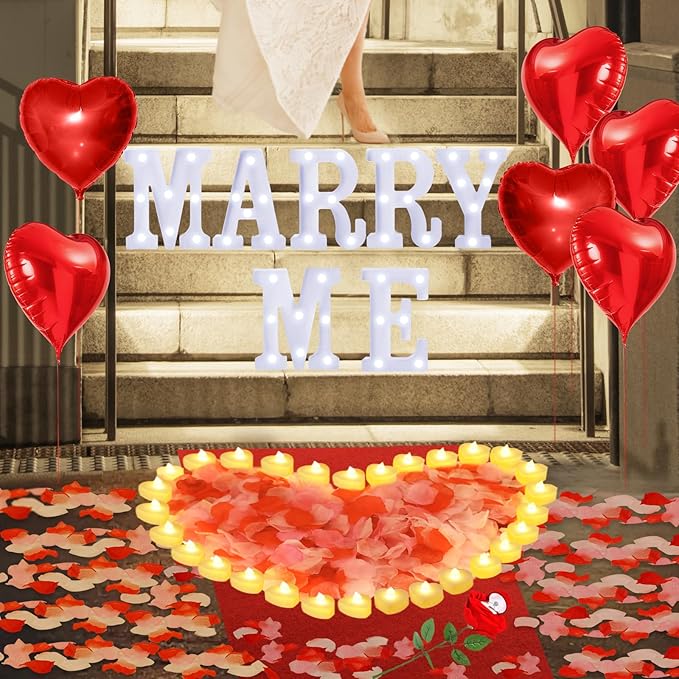 Marry Me Light Up Letters Proposal Decorations Marry Me Sign 24 LED Candles 2000 Rose Petals 10 Foil Balloon 10ft Carpet Runner Rose Ring Box for Valentine's Day Wedding Proposal Engagement (White)