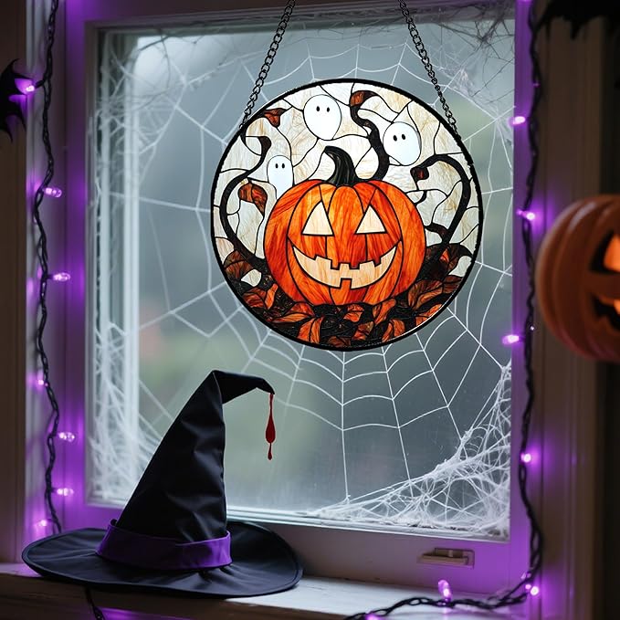 Stained Glass Window Hanging - Halloween Decorations Pumpkin Ghost Suncatcher for Doors Garden Indoor Spooky Funny Orange Sun Catchers Gothic Decor Horror Gifts for Women Men Friend 11.8 in