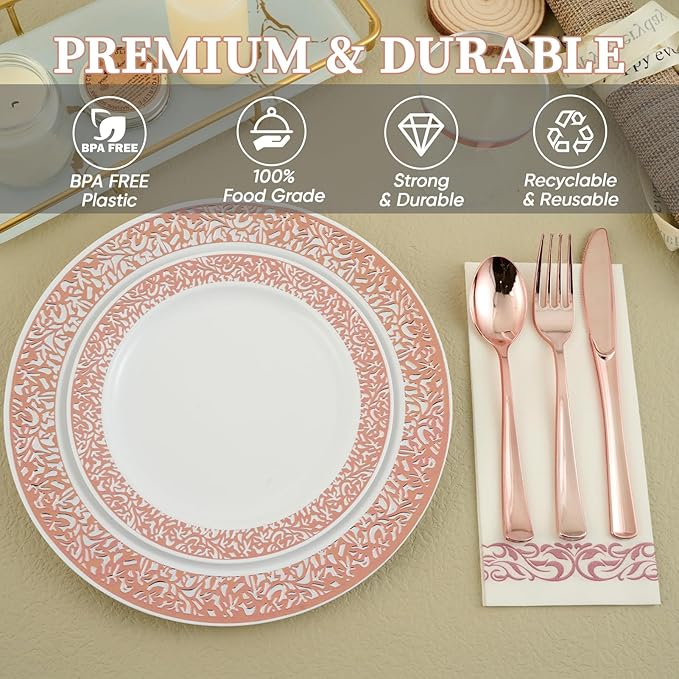FOCUSLINE 175 Ct Rose Gold Dinnerware Set for 25 Guests, Plastic Plates with Rose Gold Lace Rim Design, Including 25 Disposable Dinner & Dessert Plates, Cups, Napkins, Cutlery Set