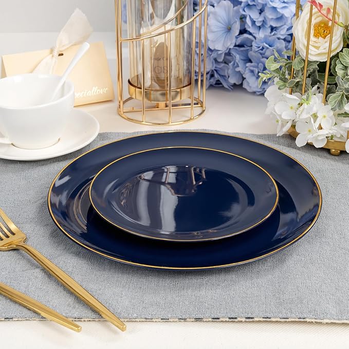 bUCLA 150PCS Blue and Gold Plastic Plates - 25 Guests Navy Blue Plastic Dinnerware Disposable for Party and Hanukkah - Include 25 Dinner/Dessert Plates, 25 Knives, 25 Forks, 25 Spoons, 25 Cups