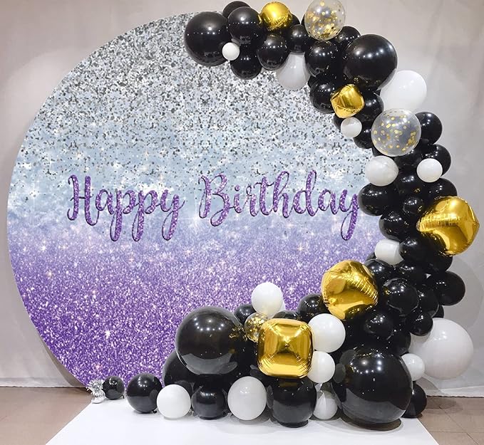Renaiss Purples Happy Birthday Round Backdrop Cover 7.5 ft Polyester Fabric Shiny Purples and Silver Sequins Circle Photo Background for Gorgeous Happy Birthday Party Decorations