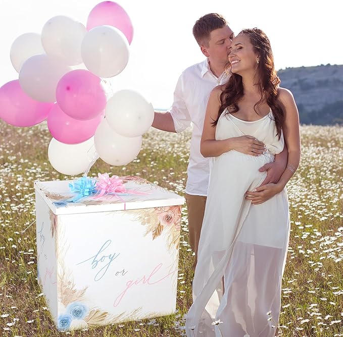 AmazingSpark 28in Jumbo Gender Reveal Gift Box Kit with Oversized Box Giant Pull Bows for Gender Reveal Baby Shower Birthday Party Decor(Boho Flower)