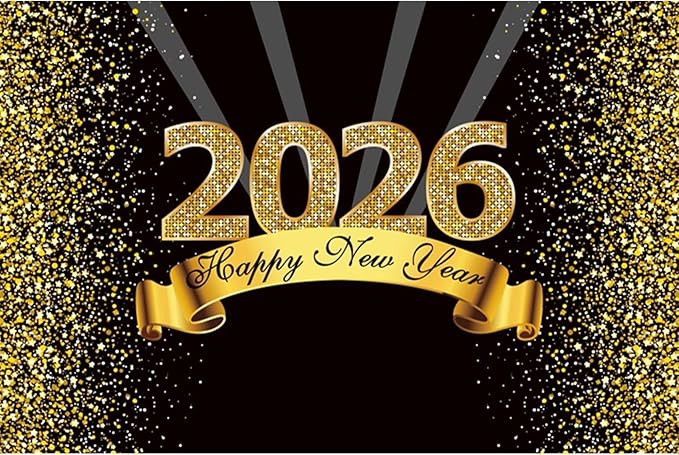 YongFoto 2026 Happy New Year Backdrop 15x10ft Black Gold Photography Background Merry Christmas Night Festival Carnival Celebration Party Banquet Decor Banner Photoshoot Wallpaper Photo Booth