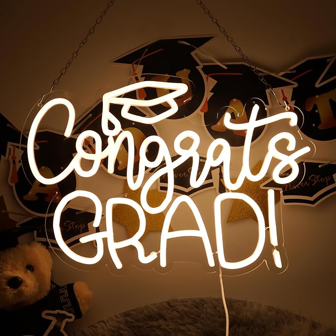 Congrats Grad Neon Sign USB Powered for Prom Party Wall Decor,Warm White Grad LED Light Up Sign Adjustable for Prom Night Dorm Class Room Graduation Season Party Backdrop Decoration