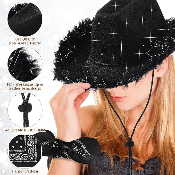 Coume 12 Pcs Sparkly Adults Cowboy Hat and Bandanas Women Men Western Glitter Cowgirl Party Hats with Adjustable Drawstring