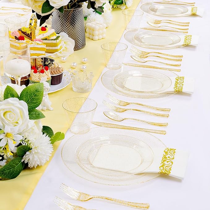 I00000 700 Pcs Gold Glitter Plastic Dinnerware Sets, Disposable Plates for Party, Include: 100 Dinner Plate,100 Dessert Plate,100 Paper Napkins, 100 Cups,100 Plastic Silverware Set