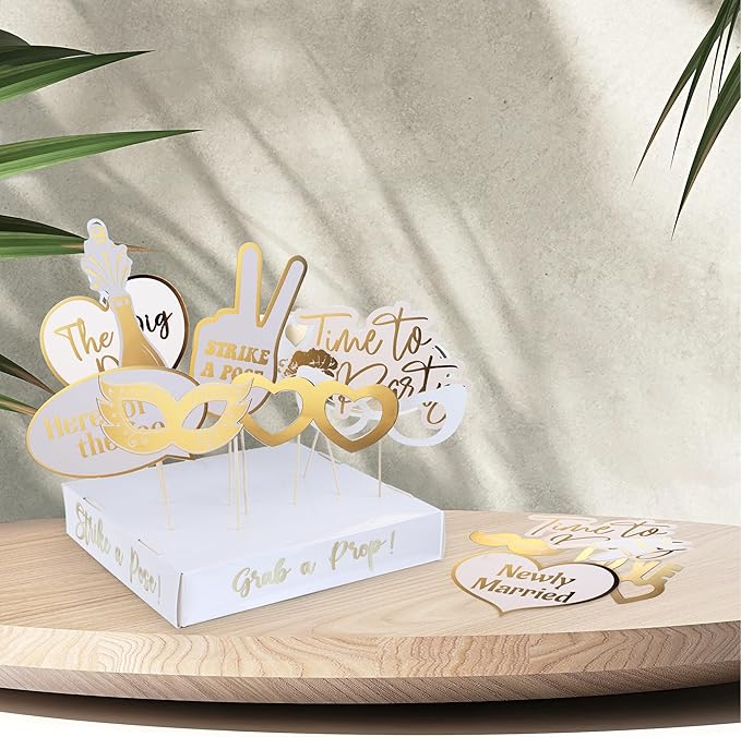 SOUL SHIFT 60PCs Fully Assembled Wedding Photo Booth Props - Prop Stand - Gold Signs - Elegant Wedding & Reception Party Supplies- Funny Wedding Props -Gold Foil Print – Bridal PhotoBooth