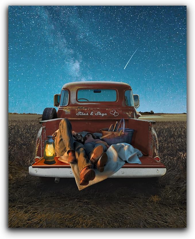 Personal-Prints STARGAZERS | Custom Romantic Wall Art Gift | Personalized With Your Names on the Classic 1954 Chevy | Anniversary, Wedding, Valentine's Day Gift (8"x10" Easel Backed Canvas)