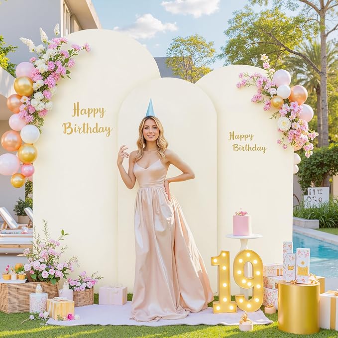 Ivory Arch Backdrop Cover Set of 3 - Spandex Arch Covers 7.2FT 6.6FT 6FT Stretchy Fabric Backdrop for Wedding Ceremony, Bridal Baby Shower, Birthday Party, Photo Booth Background Decor
