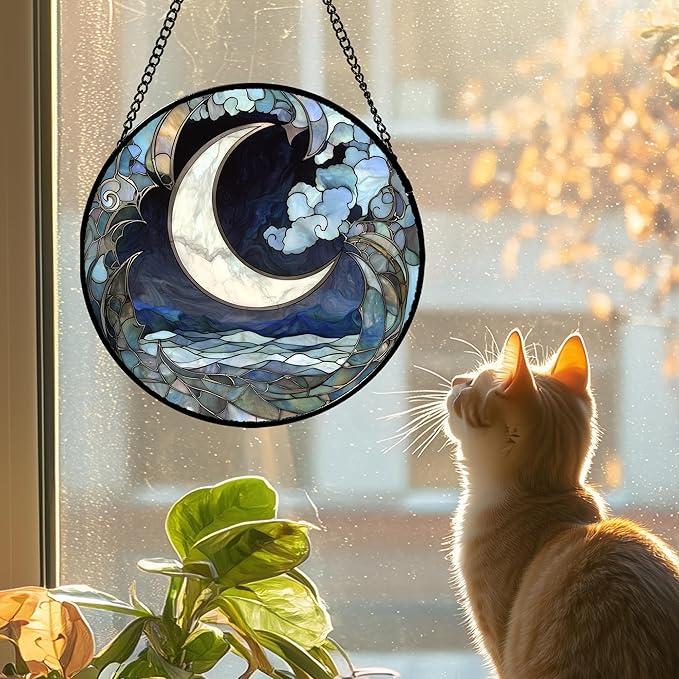 Stained Glass Window Hanging - Abstract Sea of Clouds Moon Sun Catcher for Door Terrace Garden Home Decor, Gray Blue Suncatcher Birthday Gifts for Lovers Women Men Dad Mom Nana 15 in